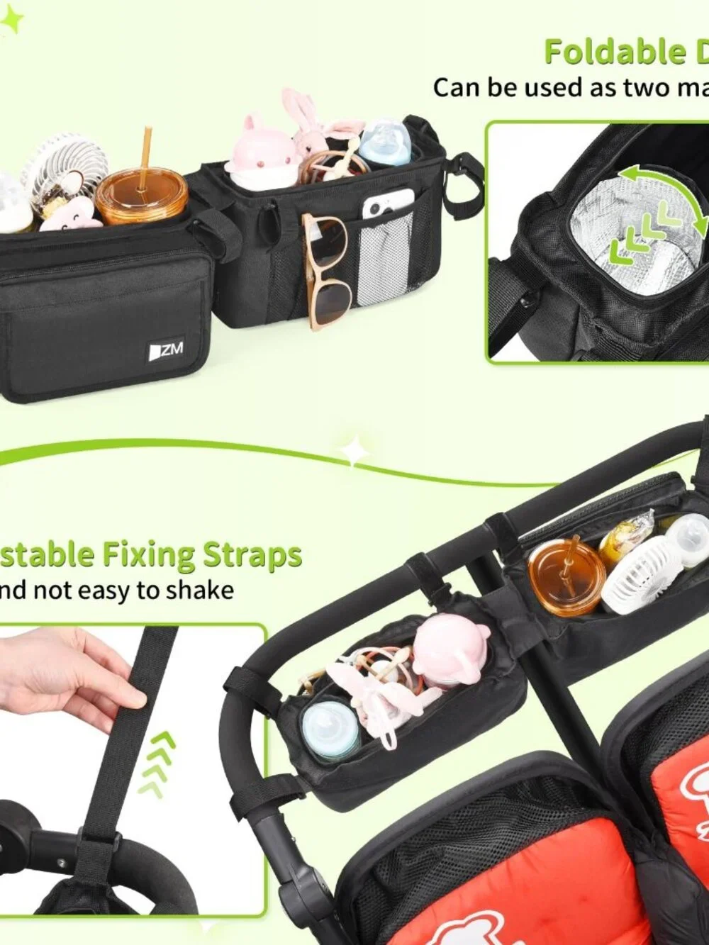 Black Double Stroller Organizer Compatible with 26-31 Inch Handlebar